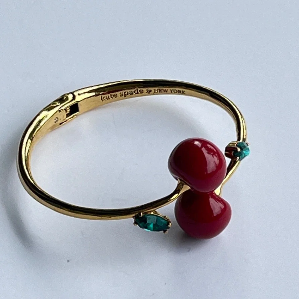 Kate Spade New York Fruity Cherry Bangle Bracelet Gold Crystal Designer Whimsy